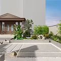 Modern Courtyard Garden Design With Paved Floor Green Plants And Canopy Seating Area