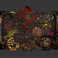 Assorted Chinese Food On Traditional Carved Wooden Tray With Hotpot Noodles Vegetables And Red Decor