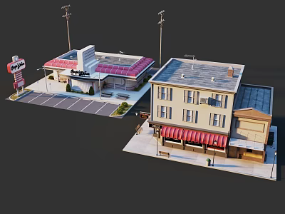 Miniature Urban Building Models With Burger Restaurant Red Roof And Red Awning Multi Story Storefront 3d model