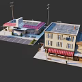 Miniature Urban Building Models With Burger Restaurant Red Roof And Red Awning Multi Story Storefront