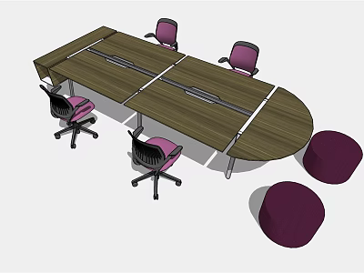 Wooden Oval Shaped Conference Table with Four Black Framed Pink Cushioned Chairs and Purple Ottomans 3d model