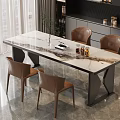 Modern Dining Table Set With Marble Tabletop Black Metal Frame And Brown Leather Chairs