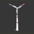 Wind Turbine Structure With Three Blades And Red White Stripes On White Tower