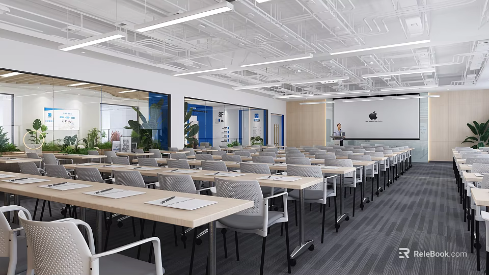 Modern Conference Room Interior With Rows Of Tables Chairs Projection Screen And Green Plants 3d model 