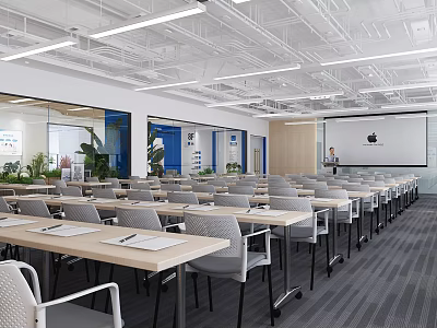 Modern Conference Room Interior With Rows Of Tables Chairs Projection Screen And Green Plants 3d model