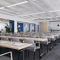 Modern Conference Room Interior With Rows Of Tables Chairs Projection Screen And Green Plants