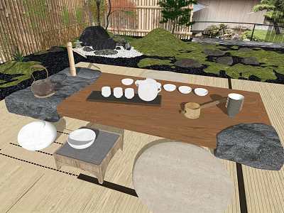 Traditional Japanese Tea Table and Chairs With Tea Sets Stone Decor and Green Plants 3d model