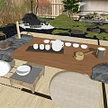 Traditional Japanese Tea Table and Chairs With Tea Sets Stone Decor and Green Plants