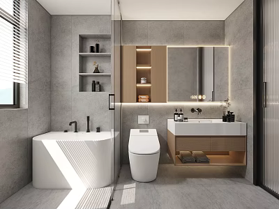Modern Bathroom Interior With White Bathtub Toilet Wooden Vanity And Gray Wall Mirror 3d model