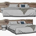 Double Bed With Rustic Wooden Headboard White Bedspread Blue Pillows Plaid Blanket And Small Stool