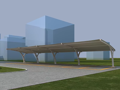 Outdoor Canopy Structure with Supporting Columns Over Paved Ground and Lawn Near Modern Buildings 3d model