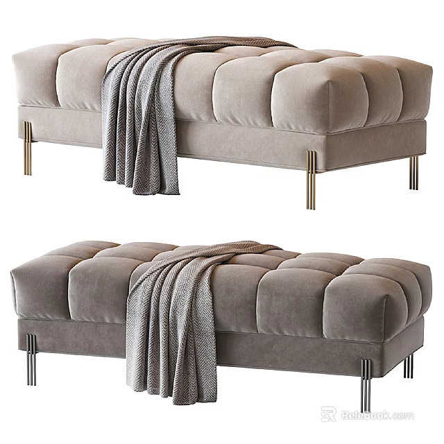 Light Gray Velvet Chaise Lounge With Gold Metal Legs And Throw Blanket 3d model 
