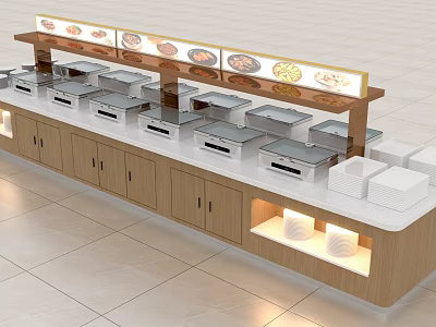 Wooden Buffet Display Shelves With Multi Tiered Food Trays And Under Cabinet Lighting 3d model