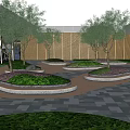 Modern Courtyard Garden Design With Circular Flower Beds Green Plants And Paved Ground