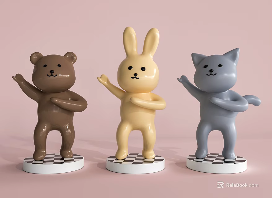 Three Dancing Plush Toys Bear Rabbit Cat On Checkerboard Bases 3d model 