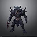 Man Wearing Dark Blue Spiked Armor With Red Accents Holding Sharp Blade