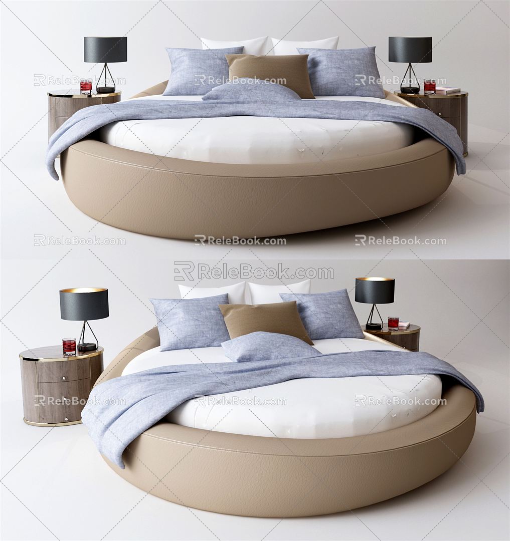 Modern Round Bed Round Double Bed Bedside Cabinet 3d model