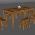 Sturdy Wooden Table And Stools Set With Rectangular Top For Home Dining 3d model