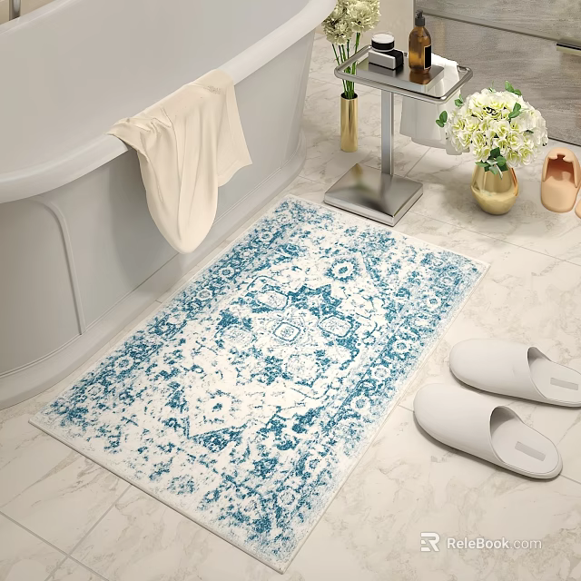 Bathroom Interior Featuring Bathtub White Towel Blue And White Patterned Rug Vase And White Slippers 3d model 