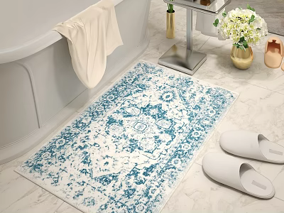 Bathroom Interior Featuring Bathtub White Towel Blue And White Patterned Rug Vase And White Slippers 3d model