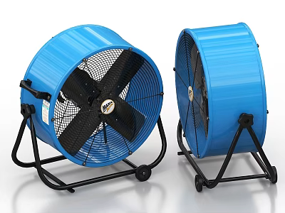 Blue Industrial Fans With Black Stands And Mobile Wheels For Industrial Use 3d model