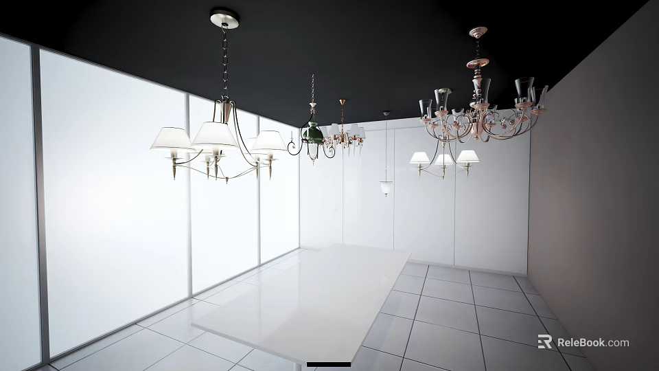 Various Stylish Chandeliers with Modern and Classic Designs in Exhibition Space 3d model 