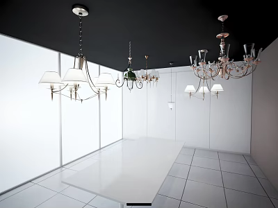 Various Stylish Chandeliers with Modern and Classic Designs in Exhibition Space 3d model