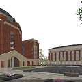 Red Brick School Building With Dome Arched Entrance Courtyard Pool Green Plants And Trees
