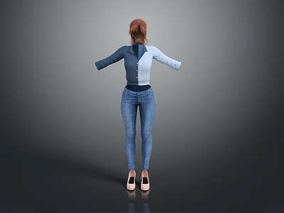 Stylish Women's Blue And White Spliced Top With Blue Jeans And Black High Heels 3d model