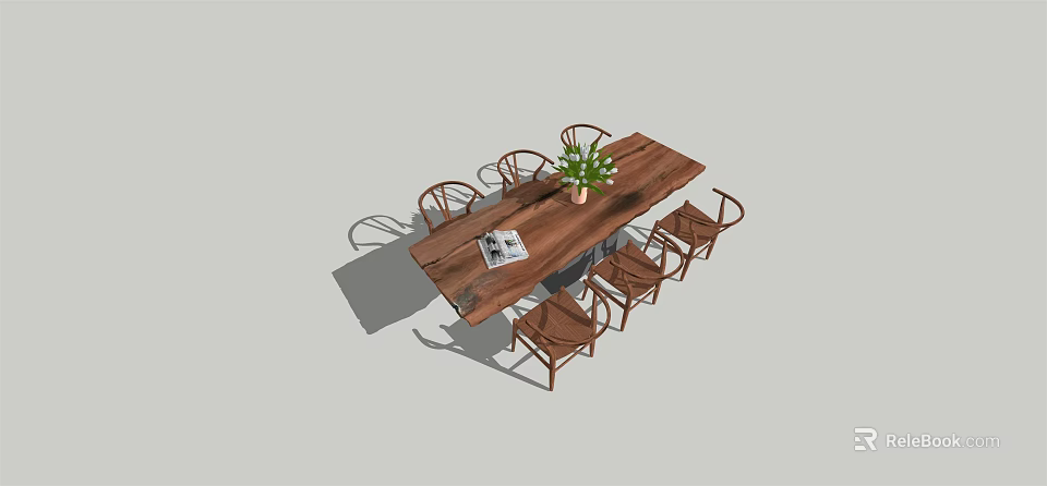 Wooden Dining Table Set With Six Chairs Potted Plant And Magazine 3d model 
