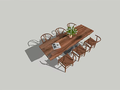 Wooden Dining Table Set With Six Chairs Potted Plant And Magazine 3d model
