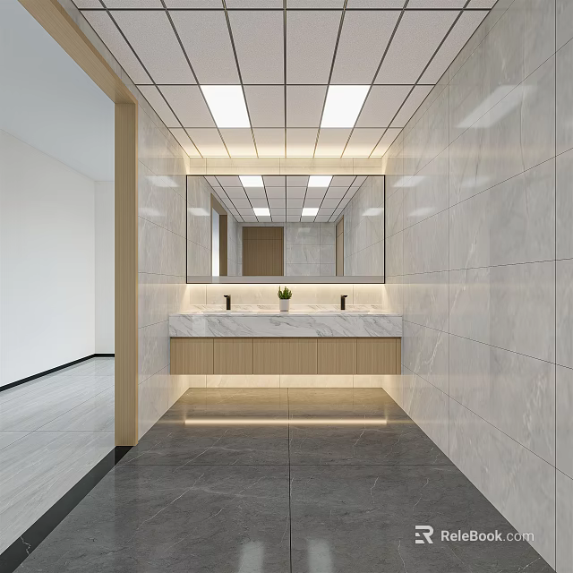 Public Restroom Modern Design With Clean Environment Marble Sink Counter Large Mirror Recessed Ceiling Lights 3d model 