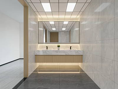 Public Restroom Modern Design With Clean Environment Marble Sink Counter Large Mirror Recessed Ceiling Lights 3d model