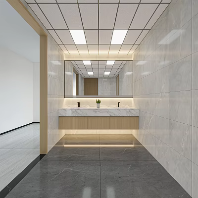 Public Restroom Modern Design With Clean Environment Marble Sink Counter Large Mirror Recessed Ceiling Lights 3d model