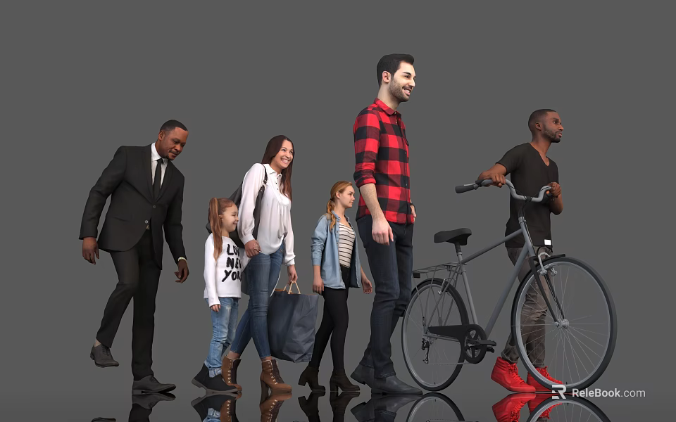 Diverse group of people including children walking with bicycle and different outfits 3d model 