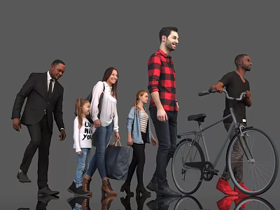 Diverse group of people including children walking with bicycle and different outfits 3d model