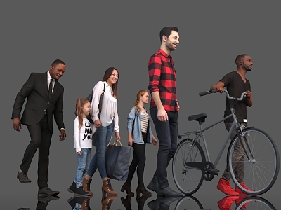 Bicycle Cycling Walking Child Girl Man Woman Crowd Team Atmosphere City Pedestrian Passerby Scene Black Characters 3d model