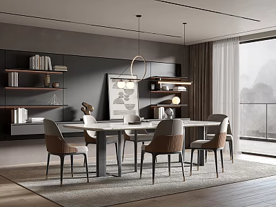 Modern Restaurant Interior With White Dining Table Chairs Open Shelves Pendant Light And Mountain View Window 3d model