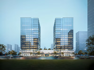 Modern Office Building Complex With Twin Glass Towers And Urban Green Space 3d model