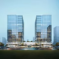 Modern Office Building Complex With Twin Glass Towers And Urban Green Space