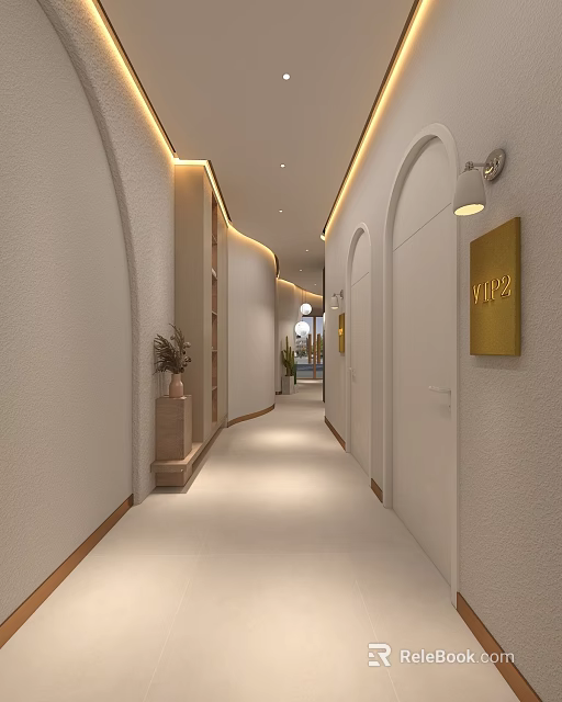 Elevator Hallway Design With Arched Doors Golden Room Number Plate Wall Lamp And Recessed Lighting 3d model 