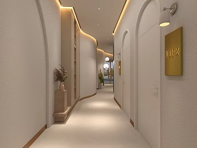 Elevator Hallway Design With Arched Doors Golden Room Number Plate Wall Lamp And Recessed Lighting 3d model