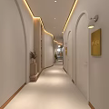 Elevator Hallway Design With Arched Doors Golden Room Number Plate Wall Lamp And Recessed Lighting