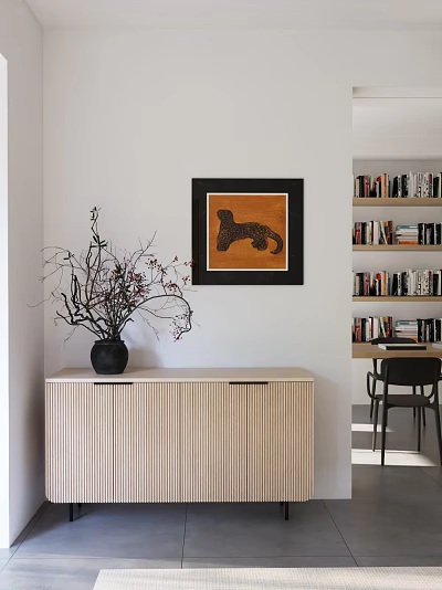 Modern Light Wood Ribbed Dresser With Black Vase Dried Branches And Leopard Wall Art 3d model