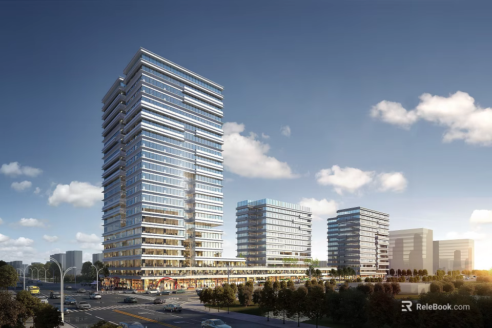 Modern High Rise Office Buildings With Glass Curtain Walls Blue Sky And Street Vehicles 3d model 