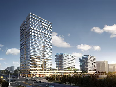 Modern High Rise Office Buildings With Glass Curtain Walls Blue Sky And Street Vehicles 3d model
