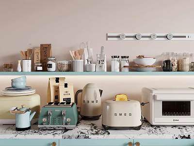 Stylish Organized Kitchenware with Jars Utensils Mugs on Shelves and Countertop Appliances 3d model