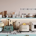 Stylish Organized Kitchenware with Jars Utensils Mugs on Shelves and Countertop Appliances