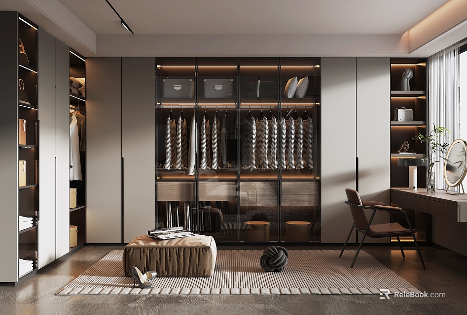 Modern Walk in Closet with Glass Door Wardrobe Hanging Clothes Storage Bench and Rug 3d model 