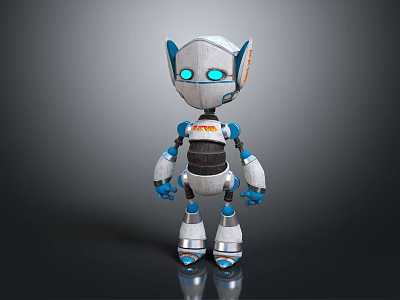 Silver Blue Robot Character With Glowing Blue Eyes And Mechanical Design Standing Pose 3d model